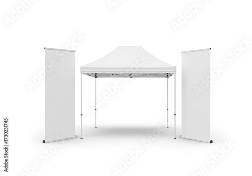 Versatile white pop-up canopy tent and blank banner stands ready for your branding at the next tradeshow or outdoor event invitation