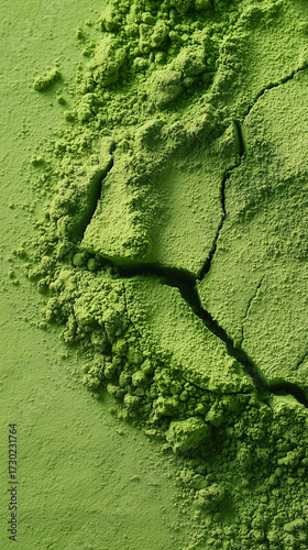  Close-up macro of vibrant green matcha powder with fine texture and natural patterns. Soft daylight, smooth cracks, minimalistic composition, perfect for food blogs