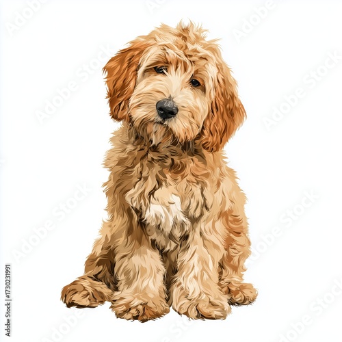 Cute golden doodle puppy sitting, isolated, white, background, png, cut, out, transparent, white background cut out png