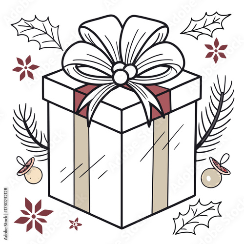 Square gift topped with a big white bow and surrounded by Christmas decorations