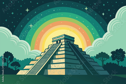 A stylized Mayan pyramid glows under a cosmic rainbow and starry sky.