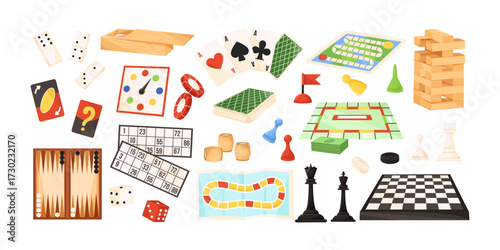 Various board game pieces, cards, dice, and accessories in flat cartoon style on white background. Concept of leisure and entertainment. Vector illustration