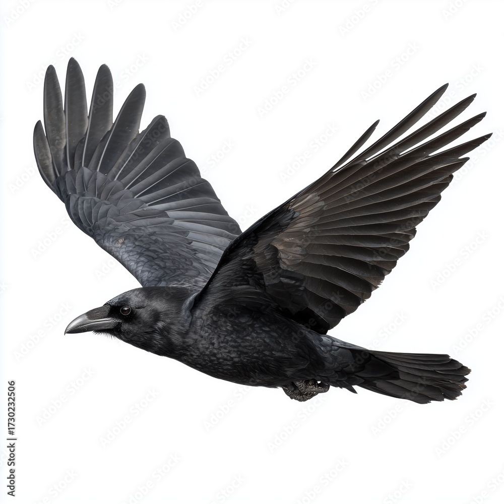 Obraz premium Raven in flight, white background cut out png