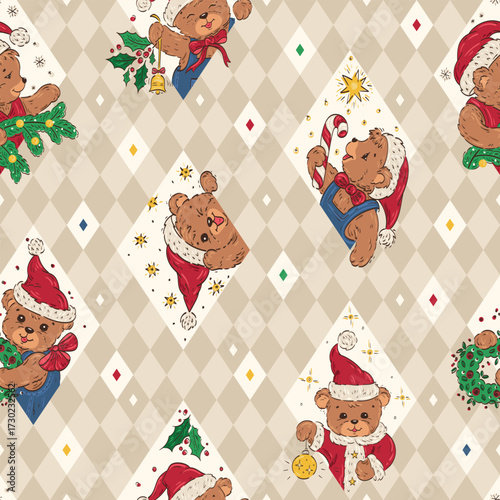 Cute Christmas Teddy Bears in Santa Hats Seamless Argyle Pattern vector illustration