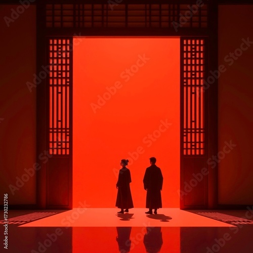 The scene of two people standing in the red door