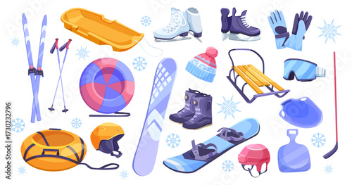 Winter sport equipment set including snowboards, skis, sleds, and accessories in flat cartoon style on white background. Vector illustration