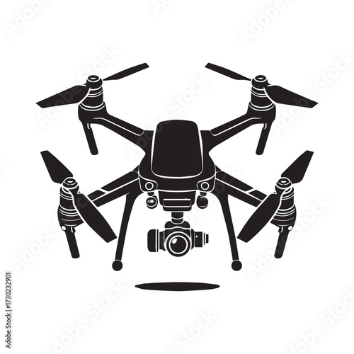 Black silhouette of a quadcopter drone with a camera gimbal and propellers on a white background