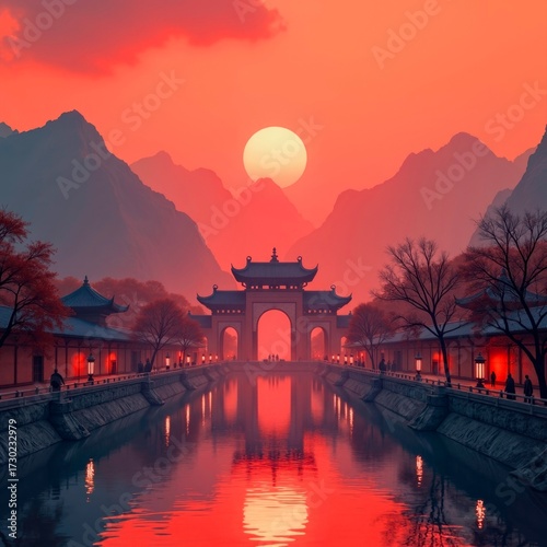 The ancient architecture scenery reflecting the sun in front of the canyon