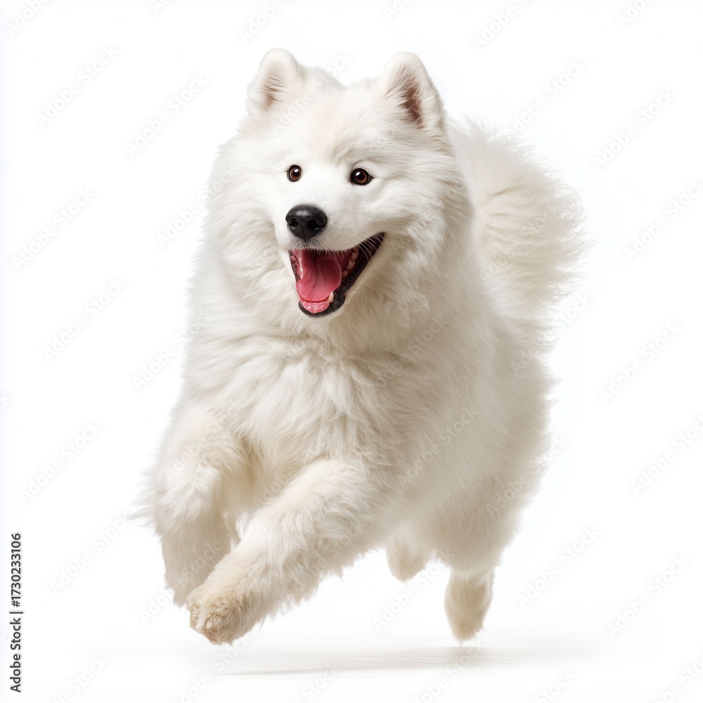 Fototapeta premium Happy Samoyed dog jumping, white background cut out png