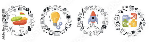 Set of business concept icons with pie chart, lightbulb, rocket, and puzzle pieces in colorful style on white background. Vector illustration