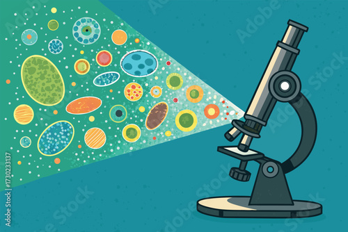 A microscope examines a variety of colorful microscopic organisms.