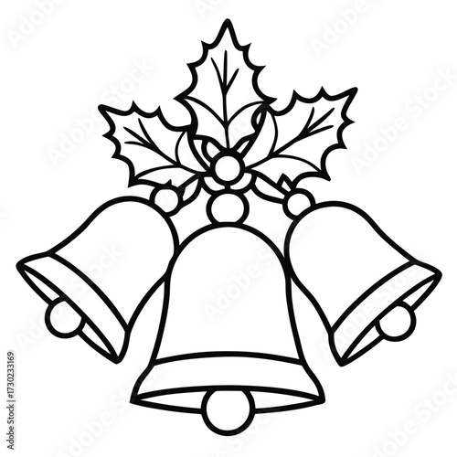 Three bold outlined holiday bells hang beneath stylized holly leaves, a transparent background completes it