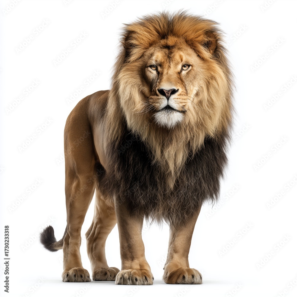 Obraz premium Majestic lion standing tall, isolated, white, background, png, cut, out, transparent, white background cut out png