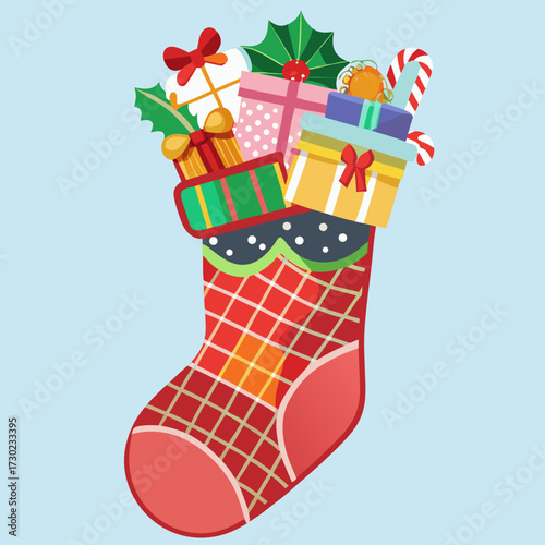 Festive christmas stocking overflowing with colorful gifts candy canes and holly on a light blue background