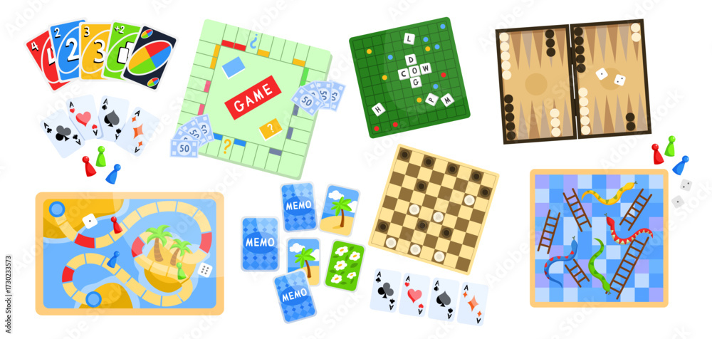 Obraz premium Assorted board and card games including chess, snakes and ladders, and memory game in flat cartoon style on white background. Vector illustration