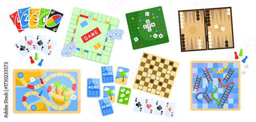 Assorted board and card games including chess, snakes and ladders, and memory game in flat cartoon style on white background. Vector illustration