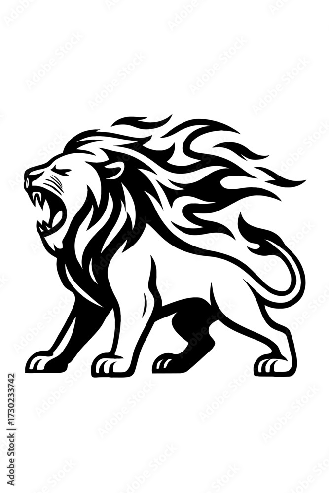Fototapeta premium Roaring Lion Mascot Vector Icon with Flaming Mane - Powerful Symbol for Strength, Courage, and Sport Team Logo