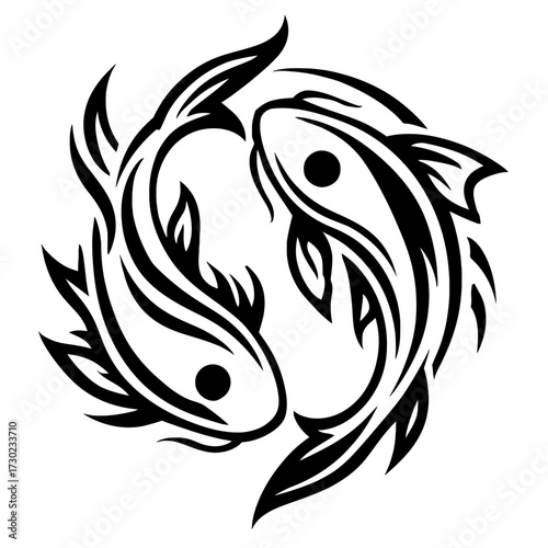 Two Tribal Fish Forming a Circle Vector Icon - Classic Pisces Zodiac Sign Symbol for Harmony, Balance, Water, and Tattoo Design Graphic Element