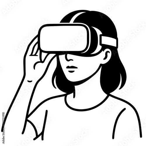 Woman Adjusting Virtual Reality Headset Vector Icon - Close-up of User Exploring a Digital or Virtual World