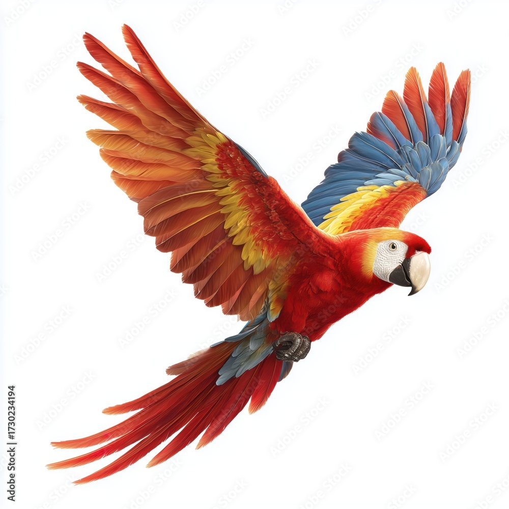 Obraz premium Scarlet macaw flying, white background cut out png