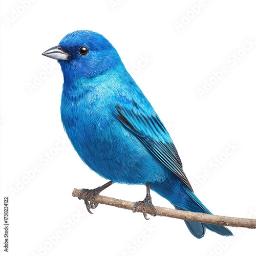 Indigo Bunting Bird on Branch, white background cut out png