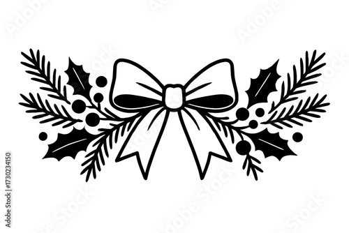 Christmas Bow Swag with Holly and Pine Branches Vector Icon
