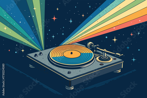 A retro turntable blasts colorful beams of light into a starry night.
