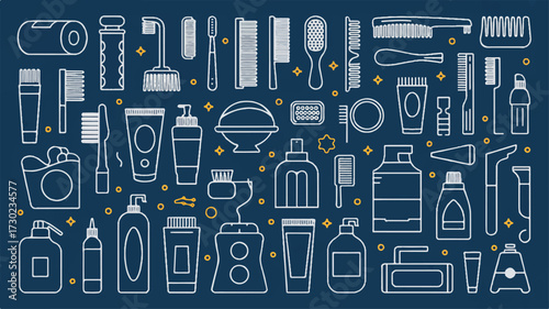Assortment of white outline icons for toiletries and personal care products on a dark blue background