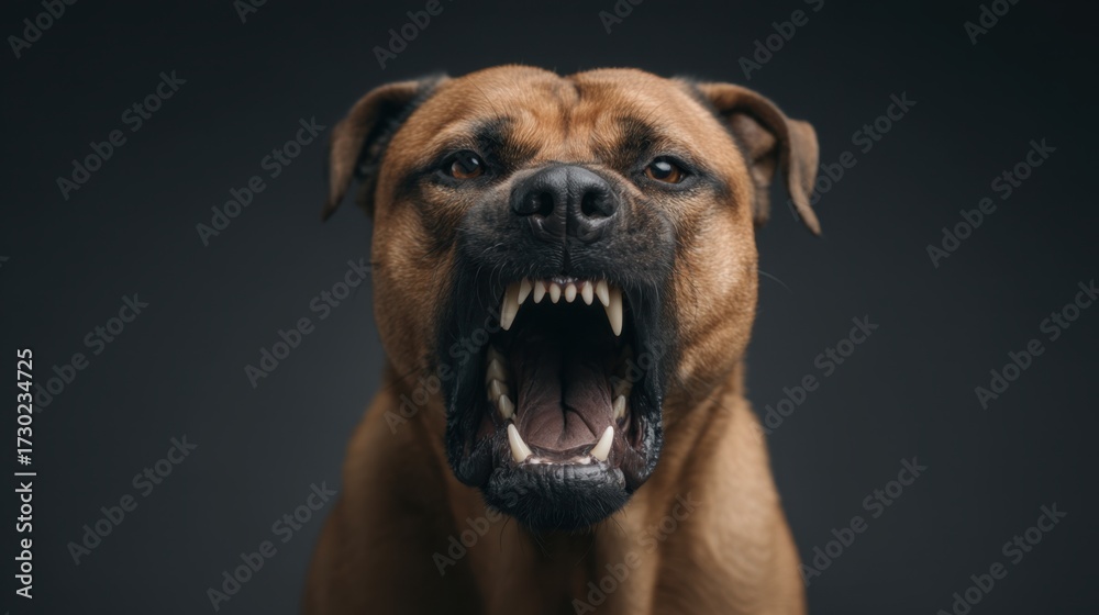 Obraz premium Intense Close-Up of Aggressive Dog Showing Teeth with Dark Background for Powerful Animal Portrait Imagery in Stock Photo Environment