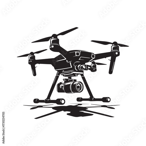Black Silhouette of a Quadcopter Drone with Camera and Propellers Casting a Shadow unmanned aerial vehicle
