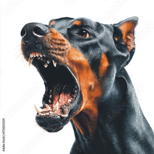 Aggressive Doberman Pinscher with bared teeth, white background cut out png