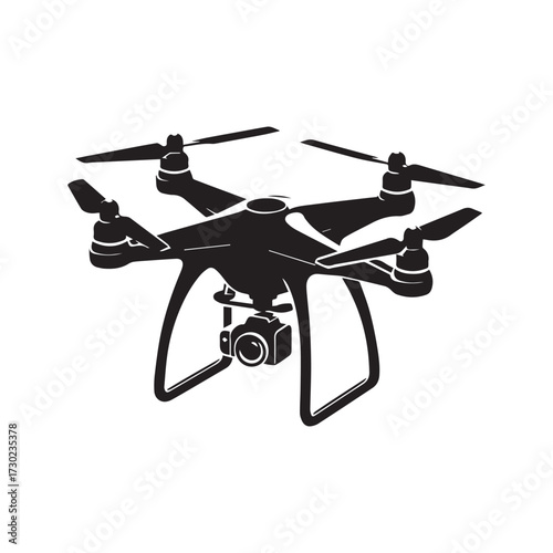Black Silhouette of a Quadcopter Drone with Camera and Propellers in a Slight Angle unmanned aerial vehicle