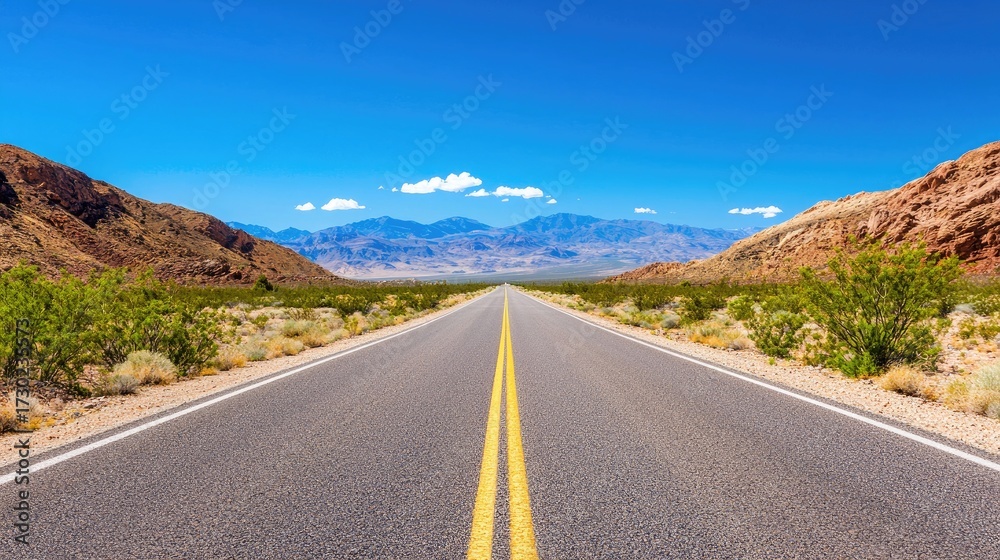 Fototapeta premium Scenic Desert Road Stretched Through Breathtaking Mountain Landscape Under Clear Blue Sky