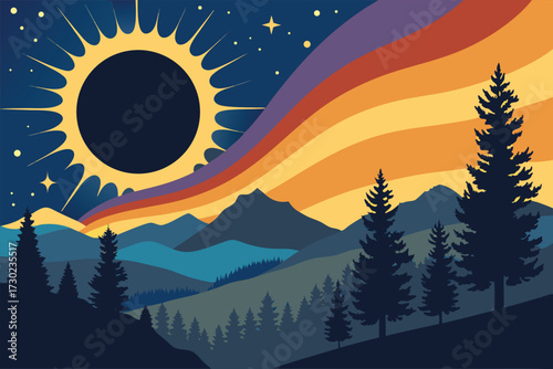 Stylized landscape with a solar eclipse and aurora borealis.