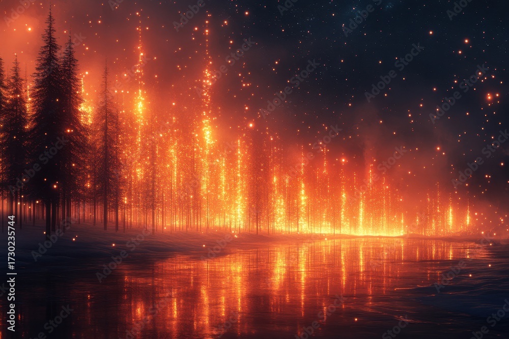 Fototapeta premium Fire raging in the forest under a fiery sky.