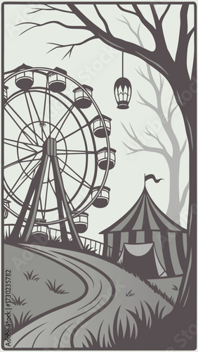 Creepy Halloween vector poster of a haunted carnival with broken Ferris wheel, circus tent, ghostly lights, abandoned rides, eerie fog, glowing lanterns, complex and detailed.