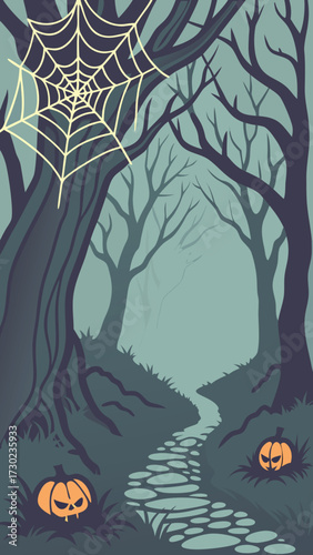 Halloween vector poster of a dark enchanted forest path, twisted trees with glowing eyes, spider webs hanging, pumpkins lighting the way, mist covering ground, complex layered design.
