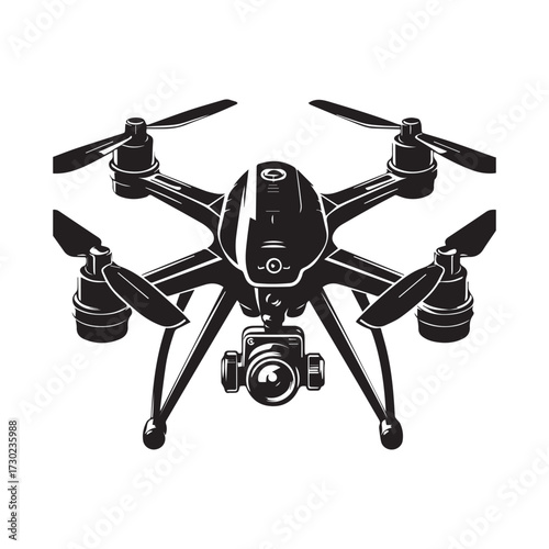 Black Silhouette of a Quadcopter Drone with Camera Gimbal on White Background aerial photography