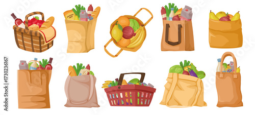 Various grocery bags and baskets filled with food, fruits, and drinks in cartoon style on white background. Concept of shopping and healthy eating. Vector illustration