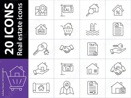 Real estate icons set for property buying, selling, and investment. line art icons representing of 
real estate. A set of real estate icons