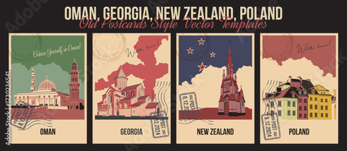 Oman, Georgia, New Zealand, Poland Main Attractions Retro Posters, Svetitskhoveli Cathedral Mtskheta, Dunedin Northern Cemetery, Sultan Qaboos Grand Mosque in Muscat, Warsaw Old Market Place Buildings