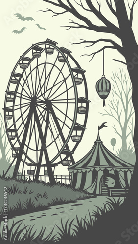 Creepy Halloween vector poster of a haunted carnival with broken Ferris wheel, circus tent, ghostly lights, abandoned rides, eerie fog, glowing lanterns, complex and detailed.