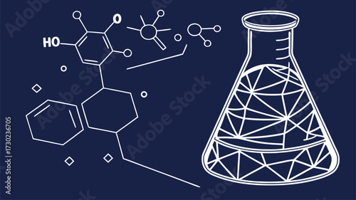 Abstract chemistry laboratory illustration featuring low poly lab flask and molecular structures, conveying sense of scientific exploration