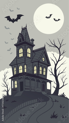 Halloween vector poster of a ghostly Victorian mansion with glowing windows, spirits floating above roof, fog rolling across ground, bats in night sky, full moon behind.