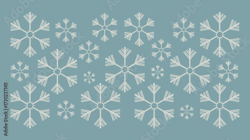 White snowflakes of varying sizes arranged in rows on a light blue background winter themed pattern 100