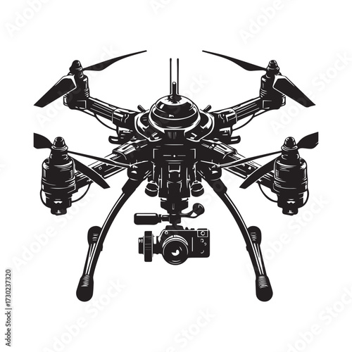 Detailed black silhouette of a quadcopter drone with a camera gimbal and propellers on a white background