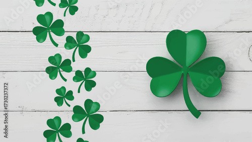 Green Shamrocks Scattered on a White Wooden Plank Background clover St Patrick's Day