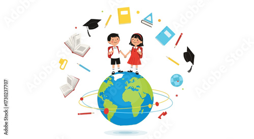 Children standing on globe with educational icons floating around them.
