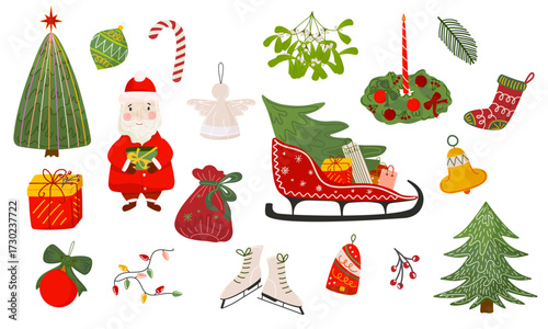 Set of Christmas illustrations with Santa, tree, sleigh, gifts, wreath, ornaments, and holiday elements. Bright festive design for decoration, card, or print. Vector illustration
