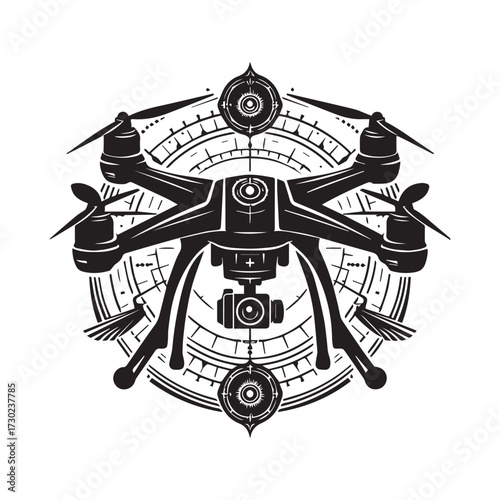 Intricate black and white graphic of a drone with circular geometric patterns and compass elements